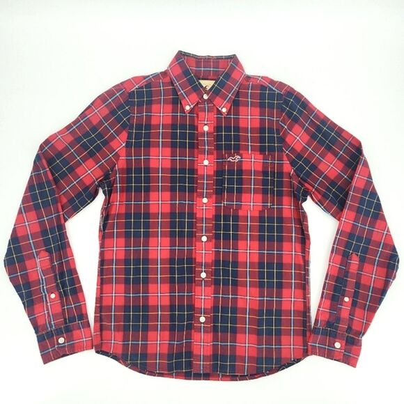 Hollister Button Down Shirt Size Medium Men Navy Blue Red Plaid Logo Embroidery - Picture 1 of 8